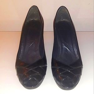 Stuart Weitzman Women Pumps Black Patent Leather Peep Toe 3-1/4" Heels